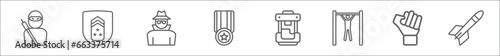 outline set of army line icons. linear vector icons such as guerrilla, lieutenant, secret agent, veteran, army backpack, pull up, revolution, missile