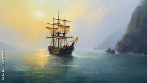 Billede på lærred brigantine ship sailboat seascape drawing art.