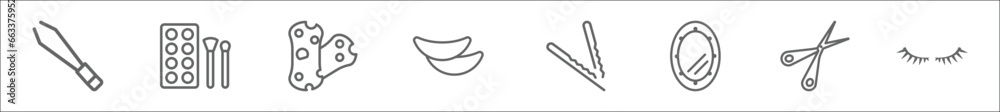 Obraz premium outline set of beauty line icons. linear vector icons such as tweezers, make up, bath sponge, eye patch, bobby pins, makeup mirror, hair scissors, two eyelashes