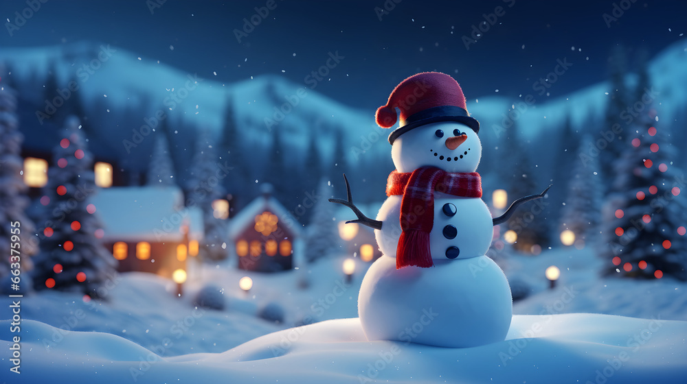 Snowman in the snowy atmosphere at night