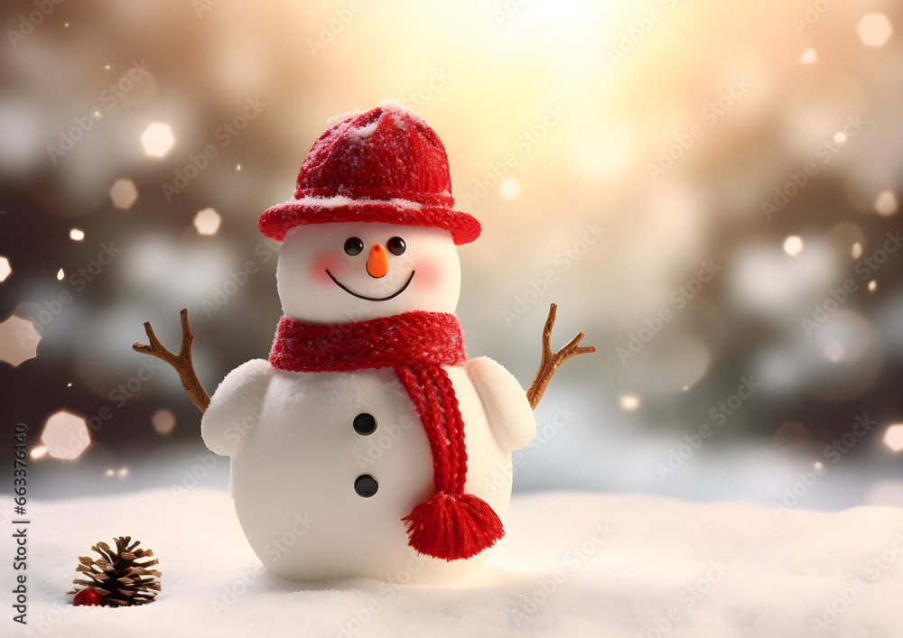 Christmas snowman in the snow pine tree background