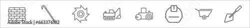 outline set of construction line icons. linear vector icons such as birck wall, crowbar, blade saw, excavator, steamroller, safety helmet, wheel barrow, trowel