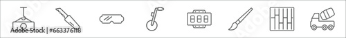 outline set of construction line icons. linear vector icons such as hook with cargo, retractable trimming knife, safety glasses, measuring wheel, circuit breaker, paint brush, paving, concrete mixer