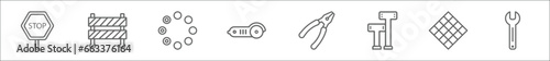 outline set of construction line icons. linear vector icons such as construction, barrier, loader, angle grinder, plier, boning rod, tiles, spanner