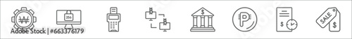 outline set of economyandfinance line icons. linear vector icons such as won, sha 2, point of service, nem, banking, peso, loan, sell