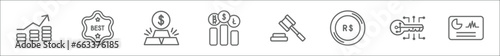 outline set of cryptocurrency line icons. linear vector icons such as economy, best seller, gold, stocks, auction hammer, real, digital key, crypto hash rate