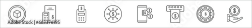 outline set of economyandfinance line icons. linear vector icons such as cryptocurrency, budget accounting, cash hine, node, fintech industry, withdraw, function, income