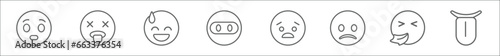 outline set of emoji line icons. linear vector icons such as surprised emoji, exhausted emoji, embarrassed ninja anguished slightly frowning sneezing tongue