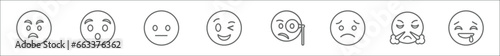 outline set of emoji line icons. linear vector icons such as pouting emoji, shocked emoji, bored wink monocle with steam from e, drool