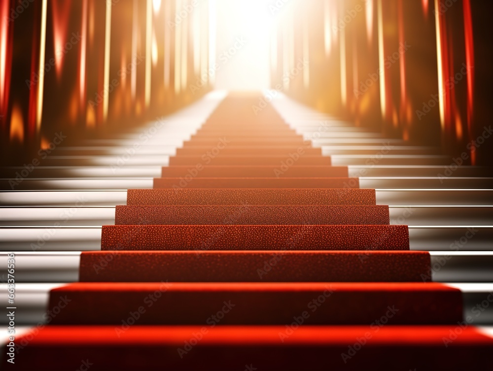 red carpet steps leading to the ceremonial event. The red carpet rolls out to a glamorous film premiere. generative AI