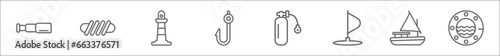 outline set of nautical line icons. linear vector icons such as nautical monocular, rope tied, smeatons tower, fishing hook, air tank, windsurf board, felucca, propeller