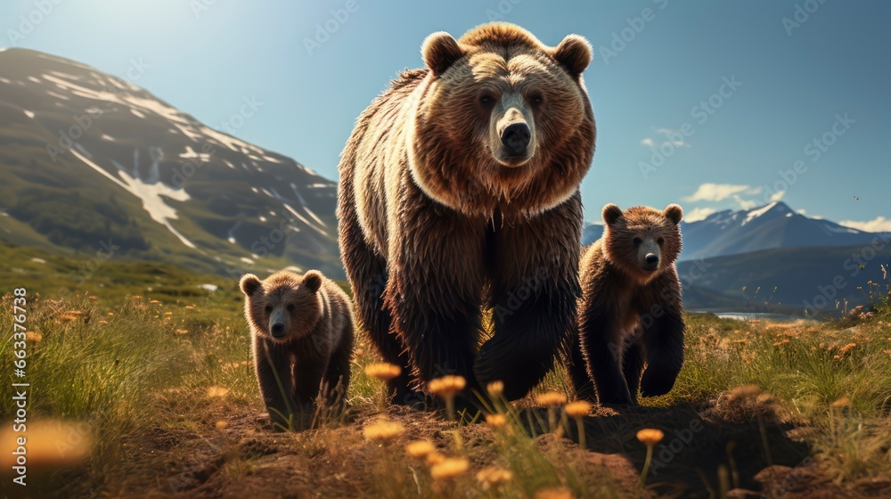 North American grizzly bears, featuring their powerful presence in the wild. Generative AI - obrazy, fototapety, plakaty 
