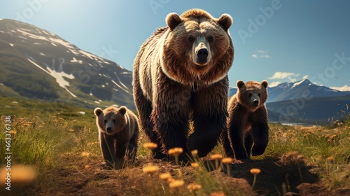 North American grizzly bears, featuring their powerful presence in the wild. Generative AI photo