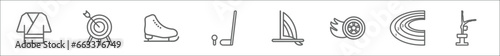 outline set of sport line icons. linear vector icons such as judo, archery, ice skating, golf, windsurf, drifting, marathon, tumbling