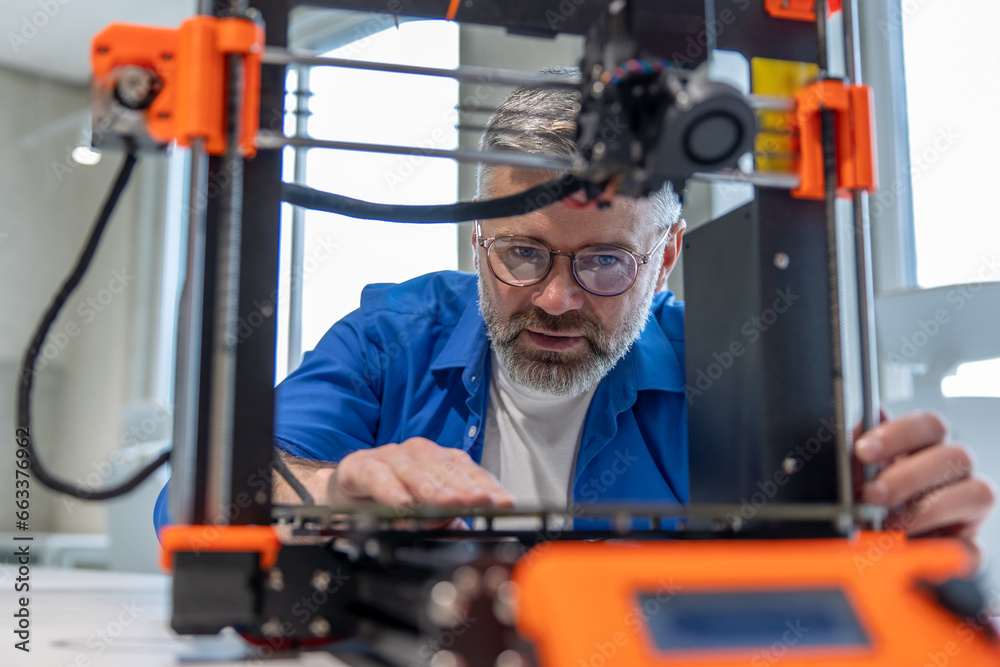 Man designer printing design using 3D printer in office. Man designer printing design using 3D printer in office.