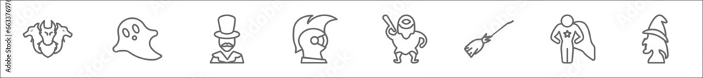 outline set of fairy tale line icons. linear vector icons such as cerberus, ghost, magician, knight, cyclops, broomstick, hero, witch