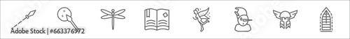 outline set of fairy tale line icons. linear vector icons such as spear, enchantment, dragonfly, spellbook, fairy, pinocchio, thor, stained glass