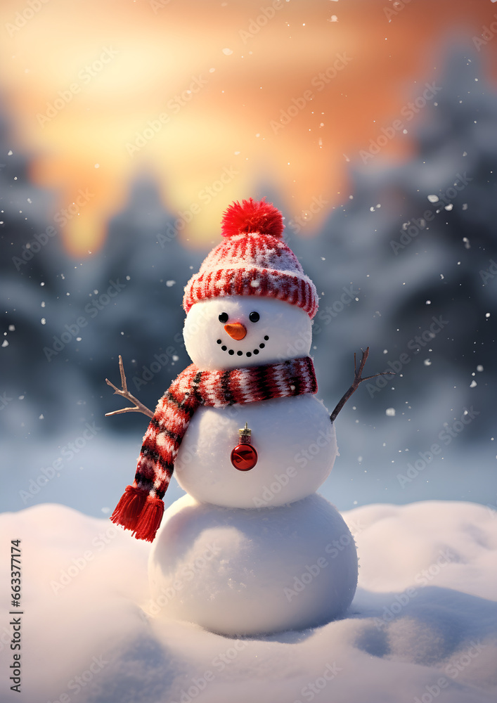 Snowman in winter atmosphere blurred pine tree background
