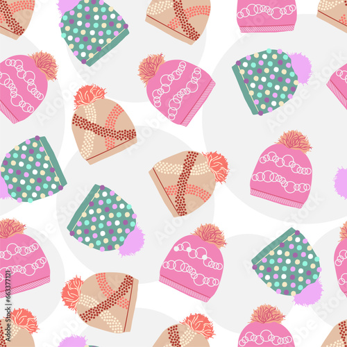 Winter seamless pattern with hats or caps in vector. Pastel colors illustration collection.