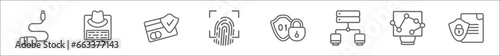 outline set of internet security line icons. linear vector icons such as phone cable, spyware, credit card security, fingerprint scan, encrypted, proxy server, web traffic, file security