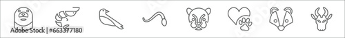 outline set of animals line icons. linear vector icons such as otter, prawn, crow, blindworm, cougar, pet care, badger, antelope