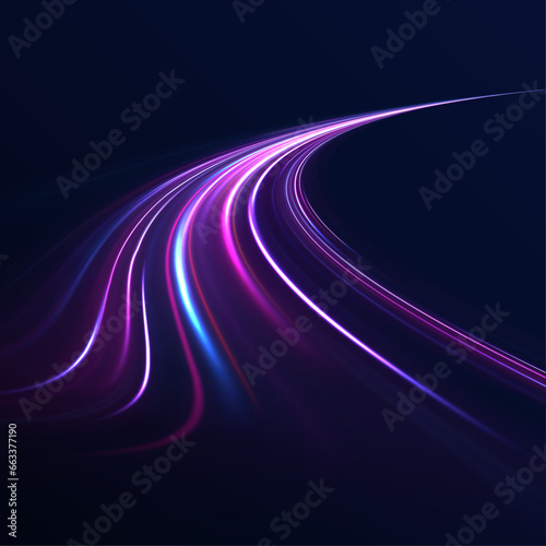 Abstract technology futuristic neon circle glowing blue and white light lines with speed motion blur effect on dark blue background. Light line moving with speed.