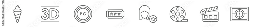 outline set of cinema line icons. linear vector icons such as stripped ice cream cone, 3d text, parental guidance, cinema ticket with a star, actress, movie roll, cinema flapper, film counter