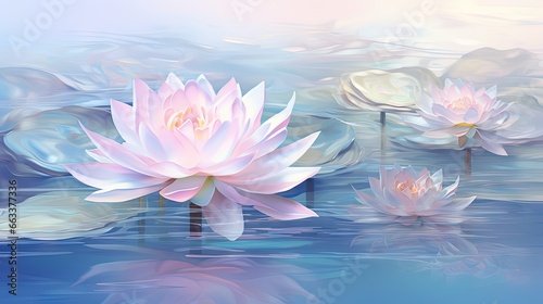  a painting of pink water lilies in a pond of water. generative ai