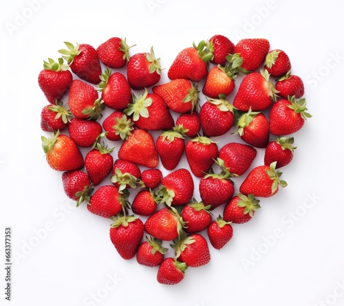 a bunch of strawberries arranged in a heart shape on white background. generative AI