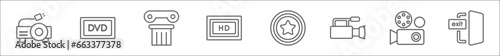 outline set of cinema line icons. linear vector icons such as projector with plug, dvd, theatre pillar, hd, award, proffesional video camera, old projector, cinema exit