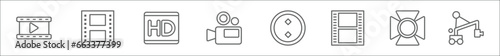 outline set of cinema line icons. linear vector icons such as film strip with play triangle, image fotogram, hd, solid, round carpet, film strip of two photograms, movie light, jimmy jib