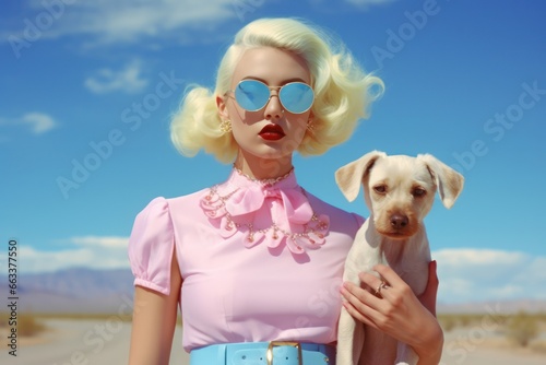 Blonde Frau mit Welpe gegen Himmel in der Wüste fotografiert.