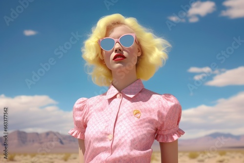 Blonde Frau mit Himmel in rosa Kleid 