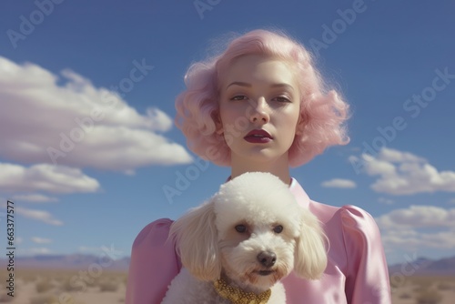 Blonde Frau mit Pudel gegen Himmel fotografiert.