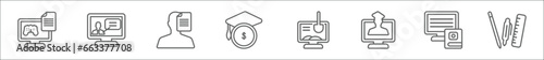 outline set of e learning line icons. linear vector icons such as game-based learning, online training, self-learning, scholarship, geology, distance teacher, studying, study tools
