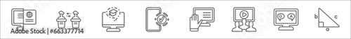 outline set of e learning and education line icons. linear vector icons such as digital book, asynchronous learning, e learning, qualification, raise hand, online course, qa, trigonometry