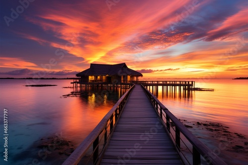 Maldives sunset at luxury water villas, a dreamy beach paradise