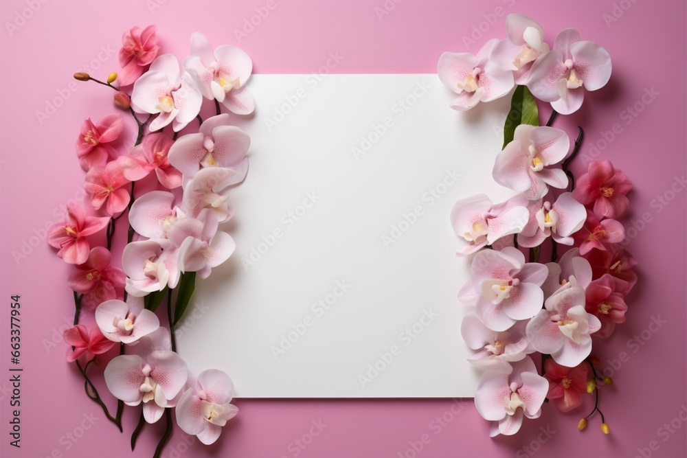 Message in petals White paper framed by orchids on pink Message in petals White paper framed by orchids on pink