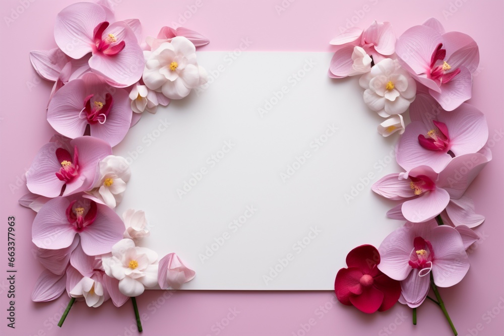 Message in petals White paper framed by orchids on pink