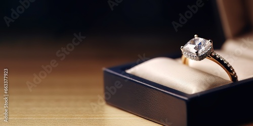 Close-up photo of a luxurious ring and charming diamond jewels in an open box. Generative AI © Nanda