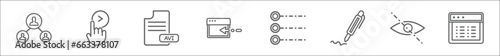 outline set of user interface line icons. linear vector icons such as connected users in flow chart, slide right, avi extension, data import interface, radio button, pen filled writing tool, hidden,