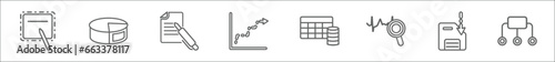 outline set of user interface line icons. linear vector icons such as blackboard with, 3d pie chart, pen writing a line, data analytics ascending line chart, table for data, sine wave, save,