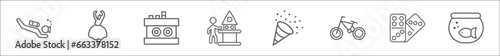outline set of activity and hobbies line icons. linear vector icons such as diving, ballerina, boggle, model building, party, bmx, dominoes, aquarium