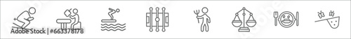 outline set of activity and hobbies line icons. linear vector icons such as skiing, lace making, jumping to the water, foosball, cosplaying, balancing, eating, butterfly catcher