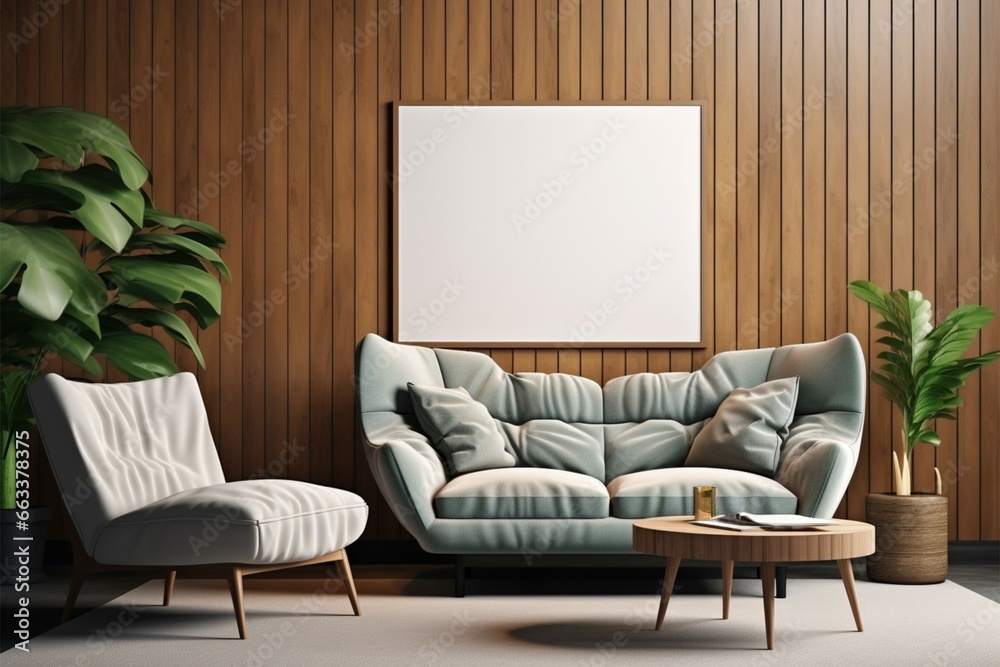 Fototapeta premium Mockup poster frame adds a Scandinavian touch to the living room