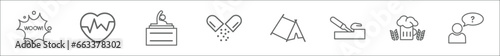 outline set of activity and hobbies line icons. linear vector icons such as comic, heart rate, disc jockey, vitamin, camp, wood carving, brewing, questioning
