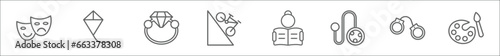 outline set of activity and hobbies line icons. linear vector icons such as acting, flying a kite, jewelry making, downhill, read, yoyo, arrest, coloring