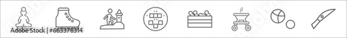 outline set of activity and hobbies line icons. linear vector icons such as yoga, ice skating, sand art, pachinko, ball pit, barbeque, petanque, knife making