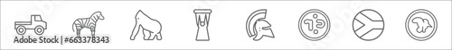 outline set of africa line icons. linear vector icons such as pickup truck, zebra, gorilla, african drum, warrior, aerian dinar, south africa, malawian kwacha