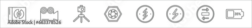 outline set of electronic stuff fill line icons. linear vector icons such as compact disc, film camera, camera stand, aperture, blitz flash, flash, panorama with right arrow, battery almost full